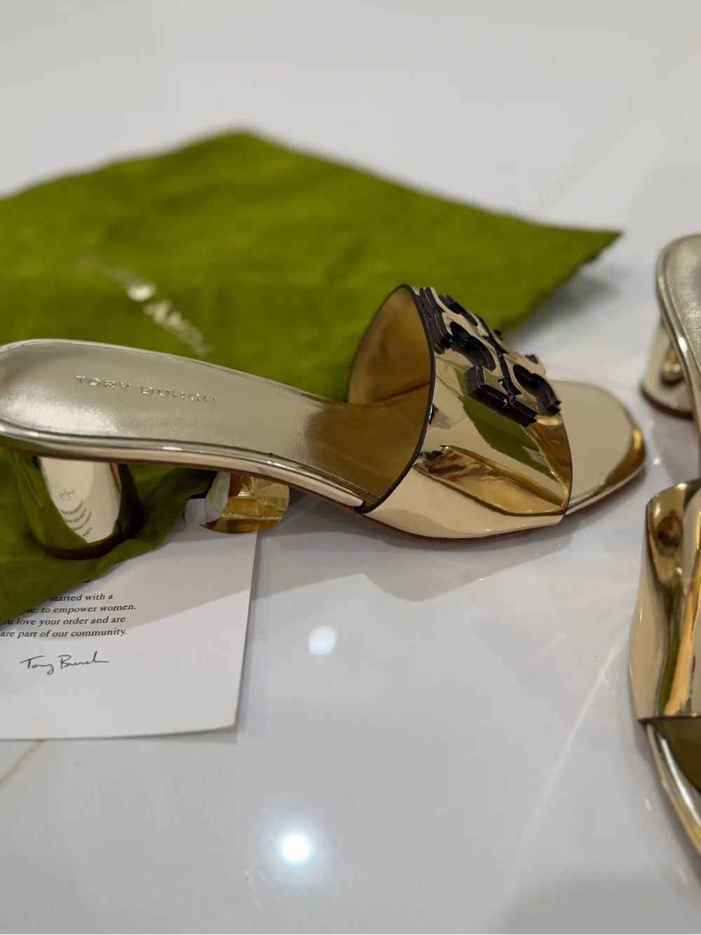 Tory Burch Metallic Gold Logo Slide Mules
